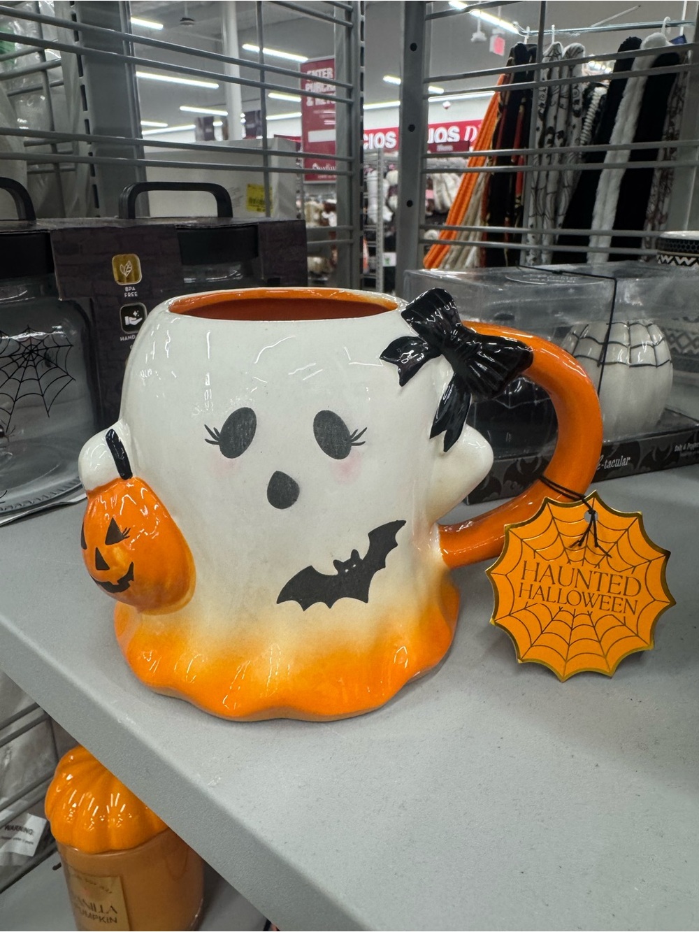 Haunted Halloween Ghost Ceramic Mug - Orange & White
